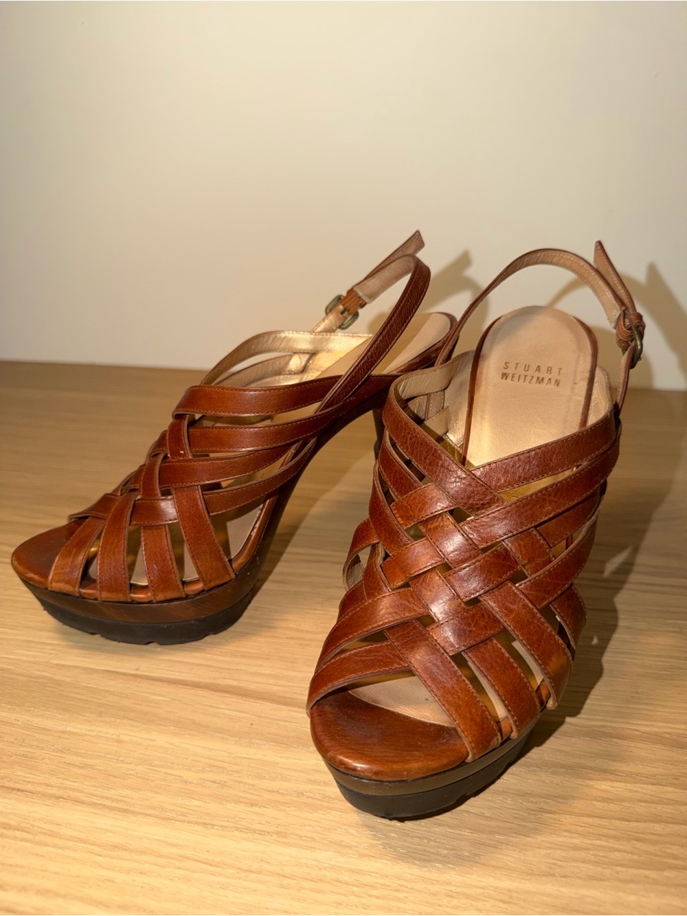 Stuart Weitzman Cognac Brown Woven Leather Platform Sandals